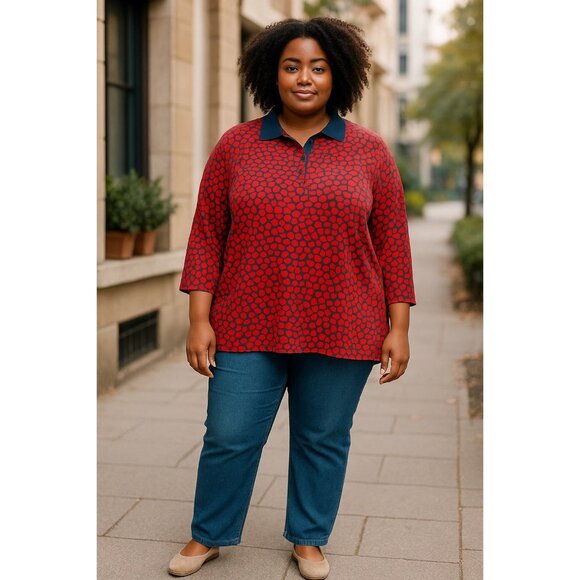 Lands End Womens Plus Size Red & Navy Heart Print Polo Shirt 2X Cotton Blend 3/4 - Picture 11 of 13